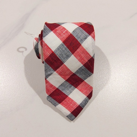 Todd Snyder New York Neck Tie 100% Linen Made In USA Plaid Check Red - Picture 5 of 7